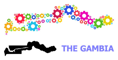 Vector collage map of the Gambia created for engineering. Mosaic map of the Gambia is made with random bright gears. Engineering components in bright colors.
