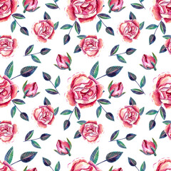 Flowerish seamless pattern with pink roses, bulbs and leaves. Watercolor illustration.