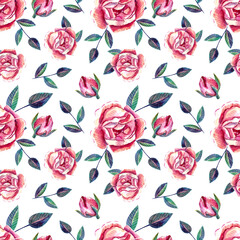 Flowerish seamless pattern with pink roses, bulbs and leaves. Watercolor illustration.