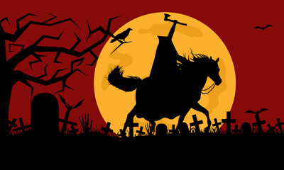 Headless man riding a horse in a cemetery with red in background - obrazy, fototapety, plakaty