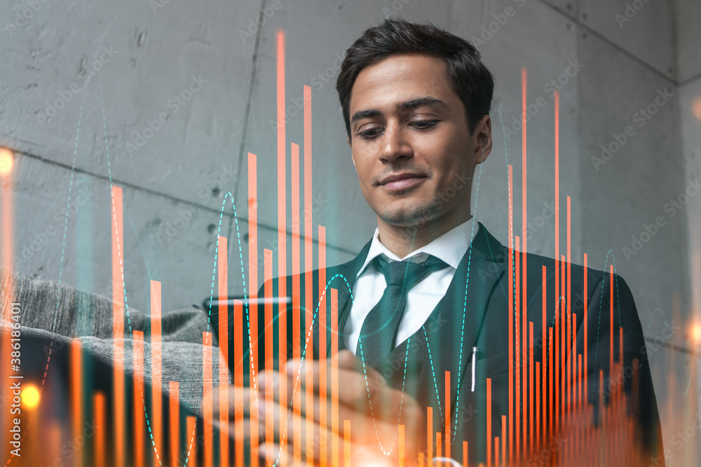 Poster trader in office working with smartphone, forex graph hologram to analyze market behavior, typing ph