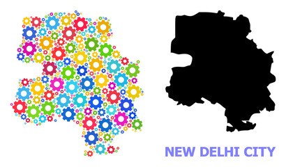 Obraz premium Vector composition map of New Delhi City done for engineering. Mosaic map of New Delhi City is done with randomized colorful cogs. Engineering items in bright colors.