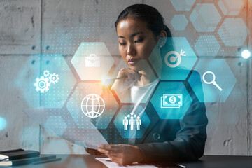 Asian businesswoman dream of success. Business education drawing hologram. Double exposure.
