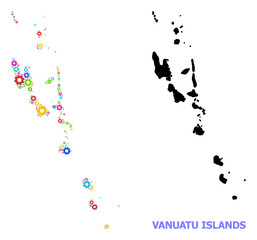 Vector composition map of Vanuatu Islands done for engineering. Mosaic map of Vanuatu Islands is done with randomized bright gears. Engineering items in bright colors.