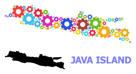 Vector mosaic map of Java Island done for workshops. Mosaic map of Java Island is created with scattered bright gear wheels. Engineering items in bright colors.