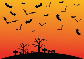 halloween background, great design for any purpose. background pattern, bats tree and grave silhouette. Halloween party spooky design pattern