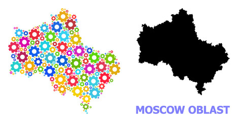 Obraz premium Vector collage map of Moscow Region created for engineering. Mosaic map of Moscow Region is formed from random colorful gear wheels. Engineering items in bright colors.