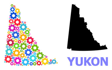 Fototapeta premium Vector mosaic map of Yukon Province organized for mechanics. Mosaic map of Yukon Province is created with random bright gear wheels. Engineering components in bright colors.