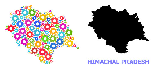 Vector composition map of Himachal Pradesh State organized for engineering. Mosaic map of Himachal Pradesh State is made from scattered bright gear wheels. Engineering components in bright colors.