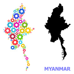 Vector mosaic map of Myanmar created for mechanics. Mosaic map of Myanmar is created of scattered bright gear wheels. Engineering items in bright colors.