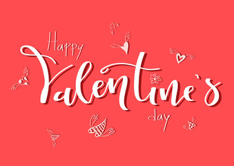 Happy Valentines Day handwritten calligraphy text with flying hearts