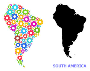 Vector composition map of South America organized for engineering. Mosaic map of South America is organized with scattered multi-colored wheels. Engineering items in bright colors.