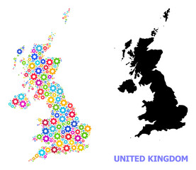 Fototapeta na wymiar Vector mosaic map of United Kingdom constructed for engineering. Mosaic map of United Kingdom is formed of scattered colorful gear wheels. Engineering items in bright colors.