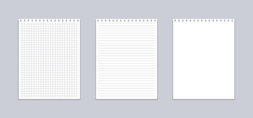 Realistic notebook with squared and line sheets. Set of paper sheets.