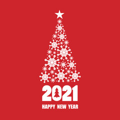 Red and white background with 2021, christmas fir tree, snowflakes. Decorative backdrop vector. Hand drawn poster design, english text. Happy New Year, colorful greeting card. Winter time