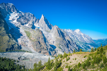 Fototapeta na wymiar Mont Blanc and Great Jorasses mountain range with visible moraine de Miage, Tour du Mont Blanc, Italian Alps