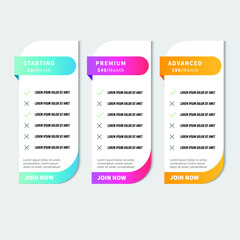 Collection of pricing plans for websites and applications. UI UX interface design elements. Price list 3 options plans for online services. Eps10 vector illustration.