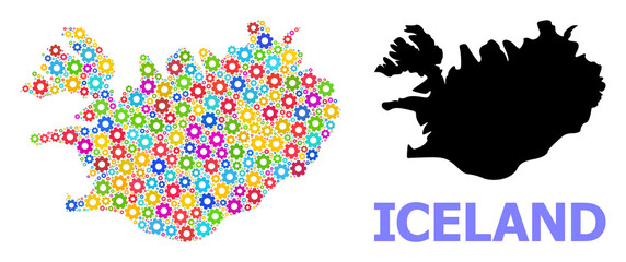 Vector mosaic map of Iceland constructed for engineering. Mosaic map of Iceland is constructed from random colored gears. Engineering components in bright colors.