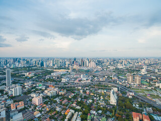 aerial panorama view with skyscrapers and blue sky in the day.
