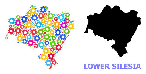 Vector mosaic map of Lower Silesia Province created for industrial apps. Mosaic map of Lower Silesia Province is created with randomized colored gears. Engineering components in bright colors.