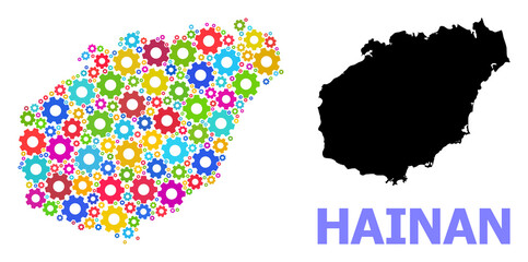 Obraz premium Vector mosaic map of Hainan Island constructed for services. Mosaic map of Hainan Island is constructed of random colored gears. Engineering items in bright colors.
