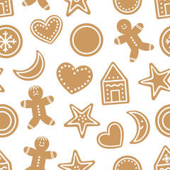 Vector seamless pattern with traditional Christmas cookies. Cute funny repeating background with gingerbread. Digital paper with winter festive biscuits..