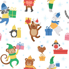 Cute vector seamless pattern with animals in hats, scarves and sweaters with presents and snowflakes. Winter funny background. Christmas digital paper. New Year print with smiling characters.