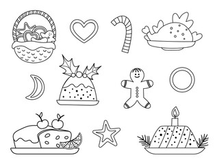 Vector black and white set of traditional Christmas desserts and dishes isolated on white background. Cute funny line illustration of new year meal. Winter food icon collection.