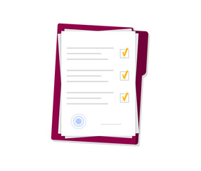 Document papers. Checklist. Agreement and contract with stamp. Vector flat design.