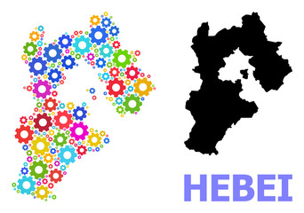 Vector mosaic map of Hebei Province designed for mechanics. Mosaic map of Hebei Province is done with random bright gears. Engineering items in bright colors.