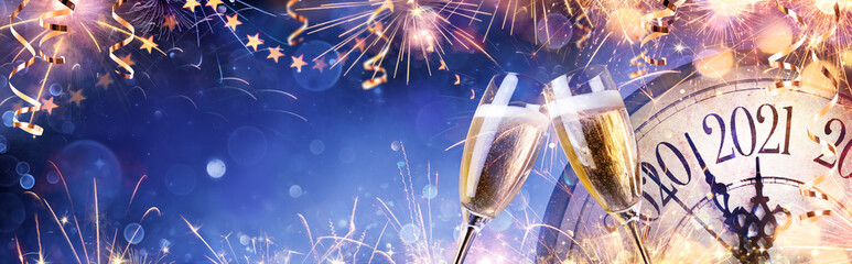 Abstract New Year Eve Background - Champagne And Clock With Fireworks