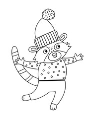 Vector black and white raccoon in hat and sweater. Cute winter animal illustration. Funny Christmas card design. New Year line icon with smiling character.