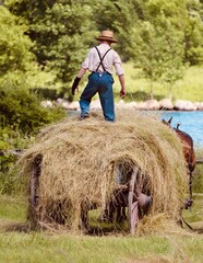 person in the field on top of loose hay,  wagon