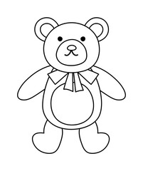  Vector black and white teddy bear isolated on white background. Cute toy animal illustration for kids. Funny smiling character line icon for children.