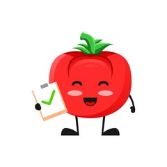 vector illustration of cute tomato mascot or character holding sign correct. cute tomato Concept White Isolated. Flat Cartoon Style Suitable for Landing Page, Banner, Flyer, Sticker.