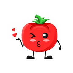 vector illustration of cute tomato mascot or character give kiss love. cute tomato Concept White Isolated. Flat Cartoon Style Suitable for Landing Page, Banner, Flyer, Sticker.