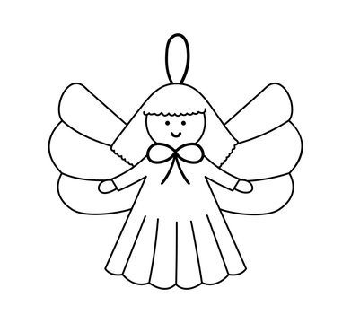 Vector black and white angel for New Year decor. Christmas tree toy isolated on white background. Cute line icon winter Holidays character for festive decorations..