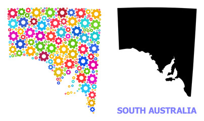 Vector mosaic map of South Australia done for engineering. Mosaic map of South Australia is done of random bright gear wheels. Engineering items in bright colors.