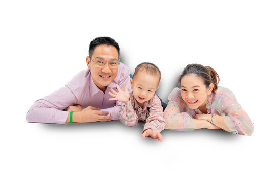 south-east - chinese asian family lie down on the floor on withe background with clipping path