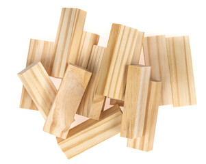 Stack wooden blocks  isolated on a white background. Wooden Blocks disrupted and building on white background