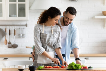 Happy loving couple preparing dinner in modern kitchen together, hugging, standing at table, smiling young woman wearing apron cutting vegetables for salad, spouses enjoying leisure time at home
