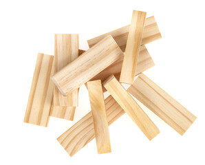 Stack wooden blocks  isolated on a white background. Wooden Blocks disrupted and building on white background