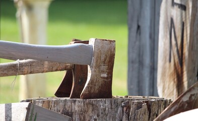 group of axes in a chopping block.  outdoors