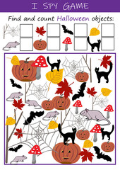 I spy Halloween objects - educational game for kids. Math worksheet for kindergarten, school, preschool. Development of numeracy skills and attention.