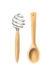 Christmas Or Thanksgiving isolated icon of kitchen utensils: wooden spoon and a whisk. Christmas cooking. Watercolor illustration.