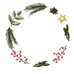 Fototapeta na wymiar Isolated wreath drawing, on a white background: red berries, Christmas tree branch, golden star. Blank postcard. Christmas wreath