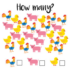 How many objects.Preschool Counting Activities. Printable worksheet. Educational game for children, toddlers and kids pre school age. Mathematics task. Learning mathematics, numbers.Tasks for addition