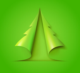 Christmas tree cut out of green paper. Design for holiday cards. Modern abstract xmas. Glossy element vector illustration.