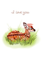 Obraz premium I love you spring/summer postcard. On a white background: little baby deer laying on a green grass, decorated w/ pink flowers. Isolated Bembi watercolor.