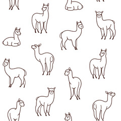 Cartoon happy alpaca - seamless trendy pattern with animal in various poses. Contour vector illustration for prints, clothing, packaging and postcards.